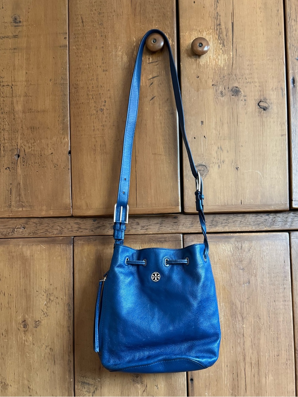 Tory Burch Blue Leather Drawstring Bucket Bag